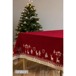Kırmızı Yılbaşı Desenli Masa Örtüsü – Geyik ve Çam Ağacı Motifli, Şık Yeni Yıl Masa Dekoru