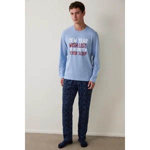 Erkek List Geometrik Desenli Bisiklet Yaka Pamuklu 2'li Pijama Takımı