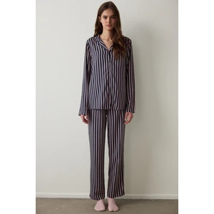 Lacivert Çizgili Gömlek Yaka Uzun Kollu Pijama Takımı