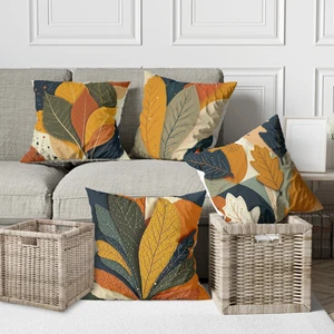 Alkan Homes 4 Lü Kombin 3 Boyutlu Renkli Yaprak Desen Dijital Baskılı Kırlent Kılıfı