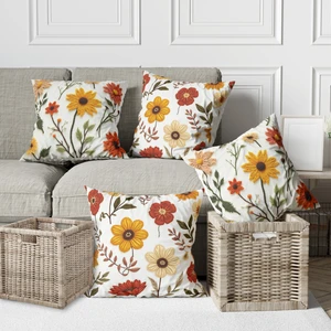 Alkan Homes 4 Lü Kombin Nakış Görünümlü 3 Boyutlu Çiçek Desen Dijital Baskılı Kırlent Kılıfı