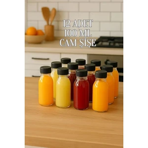 12 Adet 100 ml Kilitli Siyah Kapaklı Şeffaf Detox Shot Şişesi 100 cc Ginger Şat Beyaz Cam Şişe