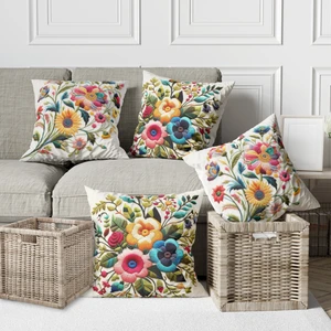 Alkan Homes 4 Lü Kombin Nakış Görünümlü Renkli Çiçek Desen Dijital Baskılı Kırlent Kılıfı