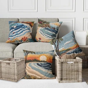 Alkan Homes 4 Lü Kombin Punch Nakış Desen Görünümlü Deniz Sahil Temalı Dijital Baskılı Kırlent Kılıfı -