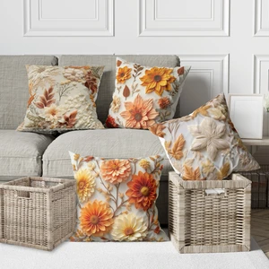 Alkan Homes 4 Lü Kombin Nakış Görünümlü 3 Boyutlu Renkli Yaprak Desen Dijital Baskılı Kırlent Kılıfı