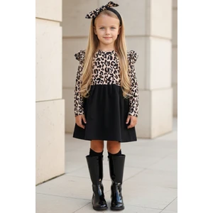 Parla Kids Kız Çocuk Leopar Desenli Uzun Kollu Fırfırlı Elbise Bandana Takım ELB-0059