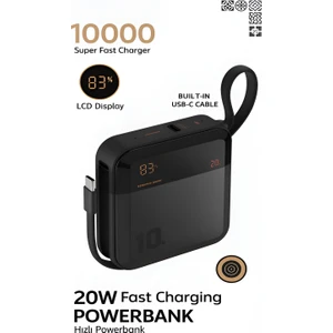 10000MAH Dijital Göstergeli Type-C Kablolu/girişli  20W Hızlı Şarjlı Powerbank - Siyah