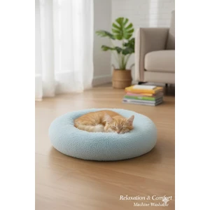 Flypet Lüks Peluş Donut Kedi Yatağı - Köpek Yatağı Minder 50x50x15 Mavi