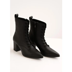 Kadın Topuklu Bot Sivri Burun Bağcıklı Yandan Fermuarlı Kalın Ökçe