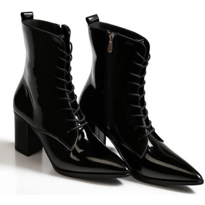 Kadın Topuklu Bot Sivri Burun Bağcıklı Yandan Fermuarlı Kalın Ökçe