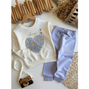 BeU Kids Kız Çocuk %100 Pamuk 3 Iplik Fırçalı Kumaş Lila Kabarık Kalp Detaylı Eşofman Takım