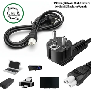 Gabble 1.5 Metre C5 Yonca Güç Kablosu 10A 250V (3X0.75MM²) Laptop Notebook Adaptör Tv Monitör Yazıcı Uyumlu