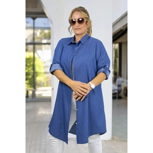 YAĞMURBEREN Yagmur Beren  Katlanabilir Kol Detaylı Önden Düğmeli Ince Kot Kumaş Büyük Beden Tunik Gömlek