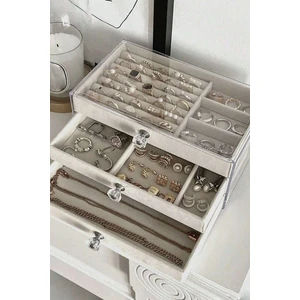 Modern Gri 3 Çekmeceli Takı Bijuteri Mücevher Kutusu Organizer Düzenleyici Şeffaf 13 x 23 x 10 cm