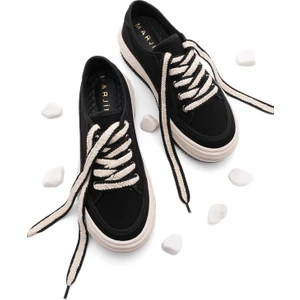 Kadın Sneaker Yüksek Taban Bağcıklı Bez Spor Ayakkabı Kotnel Siyah