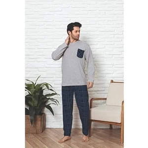 Sude Homewear Ercan Açık Gri Üst Cepli Alt Mavi Kareli Pjm Tkm