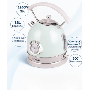 YK-823NTSL 2200W 360° Döner Taban Kablosuz Kullanım Retro Su Isıtıcı Kettle