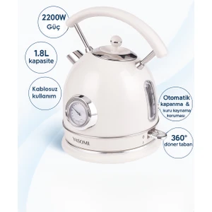 YK-823NTSL 2200W 360° Döner Taban Kablosuz Kullanım Retro Su Isıtıcı Kettle