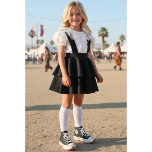 Parla Kids Kız Çocuk Helen Siyah Askılı Kat Kat Bağlama Jile Elbise Dantel Detay Ekru Kısa Kollu Bluz Takım TKM-0181.2