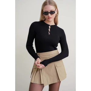 6982 Kadın Britli Detaylı Yumuşak Basic Kazak Siyah