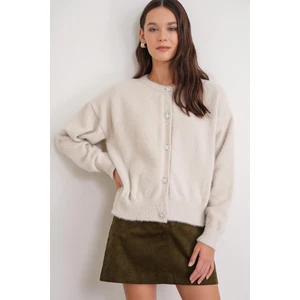 6902 Kadın Sakallı Basic Yumuşak Dokulu Triko Hırka Naturel