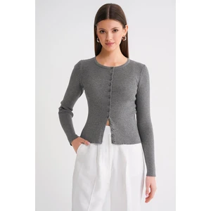 6931 Kadın Düğmeli Fitilli Triko Hırka Gri