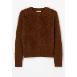 6897 Kadın Uzun Sakallı Bant Detaylı Triko Hırka Kahve