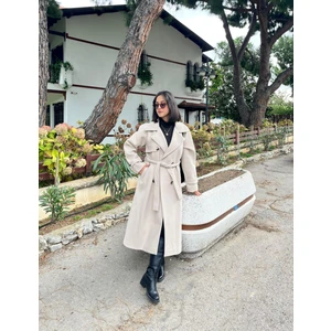 Çift Düğmeli Kemerli Kaşe Kaban