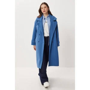 Happiness İstanbul Kruvaze Yaka Kuşaklı Kaşe Kaban LDW0007 Indigo Mavi