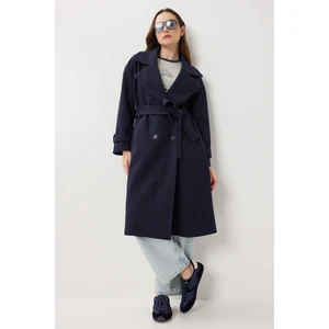 Happiness İstanbul Kruvaze Yaka Kuşaklı Kaşe Kaban LDW0007 Lacivert