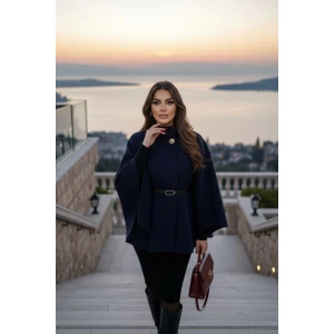 Gold Detaylı Kaşe Pelerin Panço 6100