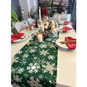 Decamor Home Yeni Yıl Temalı Kar Tanesi Desenli Yeşil Uzun Runner Yılbaşı Runner (Peçete Dahil Değil)