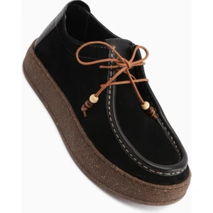 Polin Hakiki Deri Siyah Süet Bağcıklı Günlük Loafer Ayakkabı