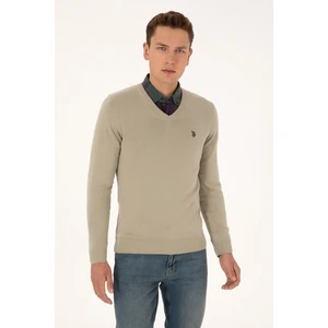 U.S. Polo Assn. Erkek Slim Fit V Yaka Haki Melanj Basic Triko Kazak 50313662-VR193