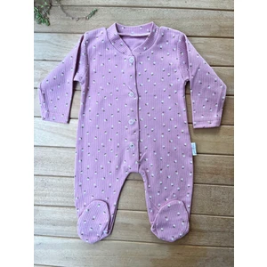 Mammaso Minik Çiçek Desenli Gül Kurusu %100 Pamuk Ribana Dokulu Çıtçıtlı Uzun Kollu Fitilli Bebek Tulum
