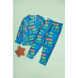 Play Yazı Baskılı Bisiklet Yaka Polar Unisex Çocuk Pijama Takımı
