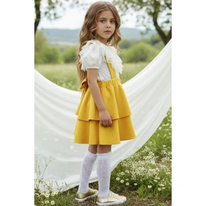 Parla Kids Kız Çocuk Helen Sarı Askılı Kat Kat Bağlama Jile Elbise Dantel Detay Ekru Kısa Kollu Bluz Takım TKM-0181.4