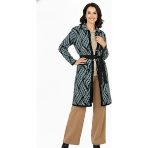 Kadın Kışlık Motifli Düğmeli Cepli Rahat Kesim Likralı Yünlü Dokuma Anne Hırka