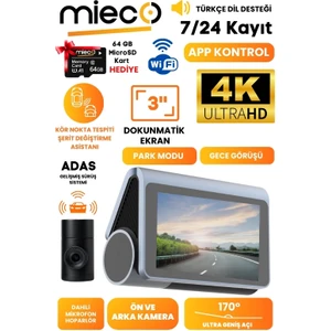 X8 Wifi /4K UHD/ 170° Ultra Geniş Açı/ ADAS/ Ön + Arka Araç Kamerası + Hafıza Kartı Hediyeli