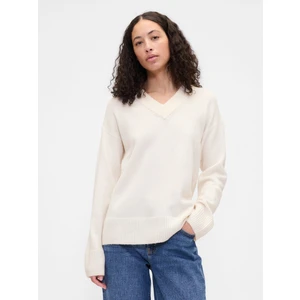 Kadın Beyaz Oversized V Yaka Kazak