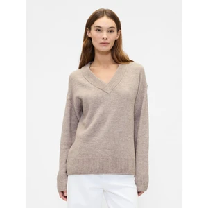 Kadın Ekru Oversized V Yaka Kazak