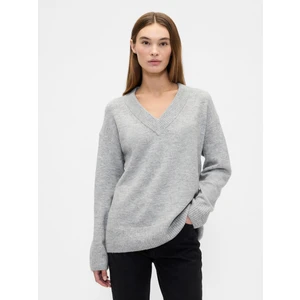 Kadın Gri Oversized V Yaka Kazak