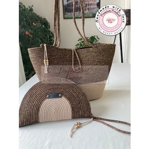 Double Knot Design Bailey 2li Takım Plaj Çantası , El Çantası Clutch, Totebag, Kadın Çanta, Yazlık, Hediyelik, hasır Jüt Tress