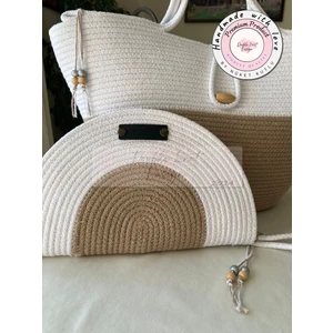 Double Knot Design Bailey 2li Takım Plaj Çantası , El Çantası Clutch, Totebag, Kadın Çanta, Yazlık, Hediyelik, hasır Jüt Tress