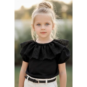 Parla Kids Kız Çocuk Siyah Bisiklet Yaka Dantelli Kısa Kol 23 Nisan Bluz Gömlek Abiye