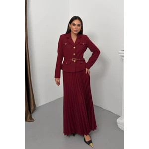 Kadın Ikili Alt Üst Takım Şık Kemerli Cep ve Düğme Detaylı Kısa Blazer Ceket Piliseli Uzun Etek Takım