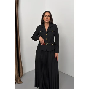 Kadın Ikili Alt Üst Takım Şık Kemerli Cep ve Düğme Detaylı Kısa Blazer Ceket Piliseli Uzun Etek Takım