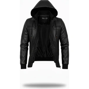 Mero Life Erkek Siyah Dar Kesim Kapüşonlu Bel Lastikli Ribanalı Deri Ceket & Mont