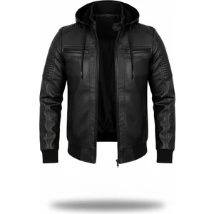 Mero Life Erkek Siyah Dar Kesim Kapüşonlu Bel Lastikli Ribanalı Deri Ceket & Mont