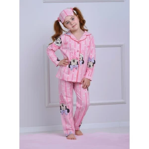Kız Çocuk Desenli Düğmeli Uyku Bantlı Alt Üst Pijama Takımı